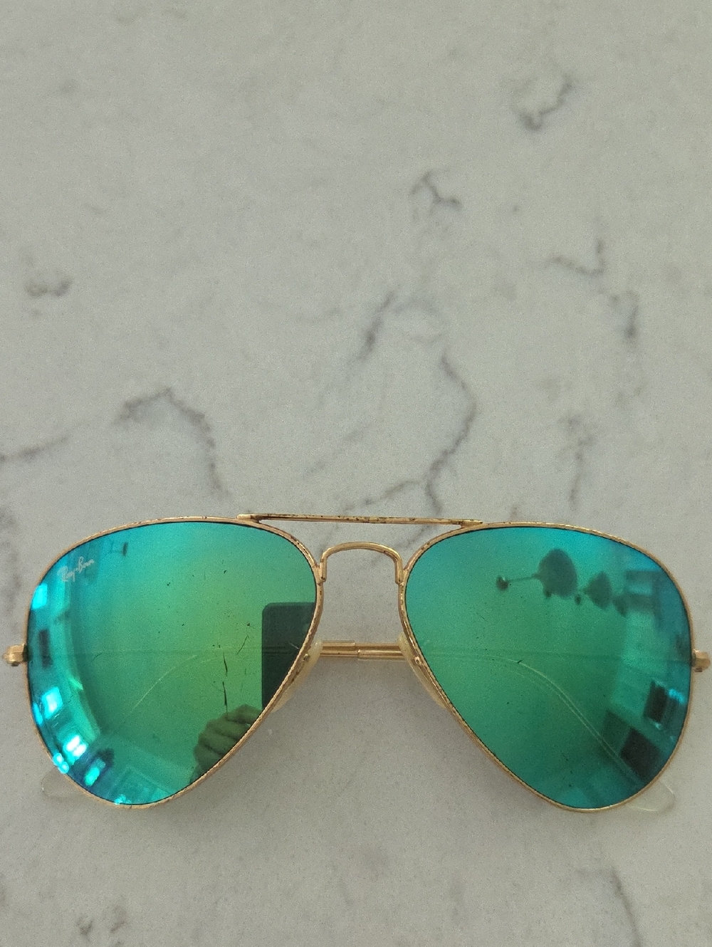 Authentic Ray-Ban Gold Aviator Sunglasses with Green-Blue Mirrored Lenses